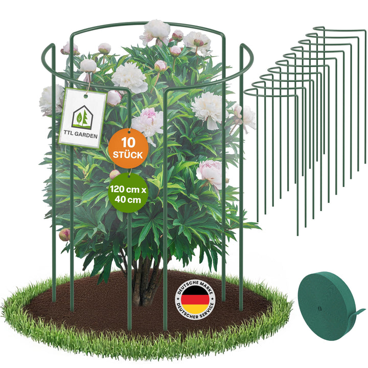 TTL GARDEN Strauchstützen 120cmx40cm 10er Set + Klettband - Pflanzenstütze | Stahl rostfrei Kunststo