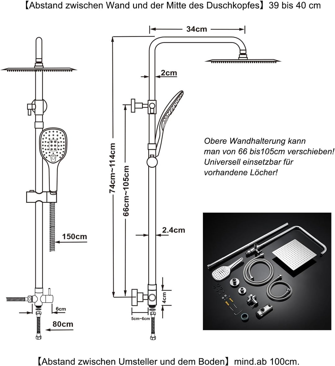 Görbach Regendusche Duschsystem ohne Armatur-Edelstahl Duschset mit Höheverstellbare Duschsäule 74-1