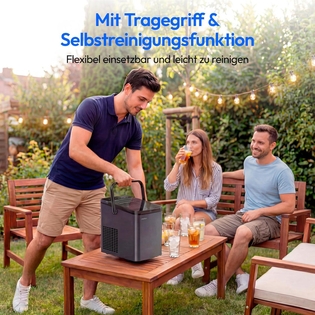 MEDION Eiswürfelmaschine, selbstreinigend, 12 kg Eis/Tag Eiswürfelbereiter, 2 Eiswürfelgrössen S & L