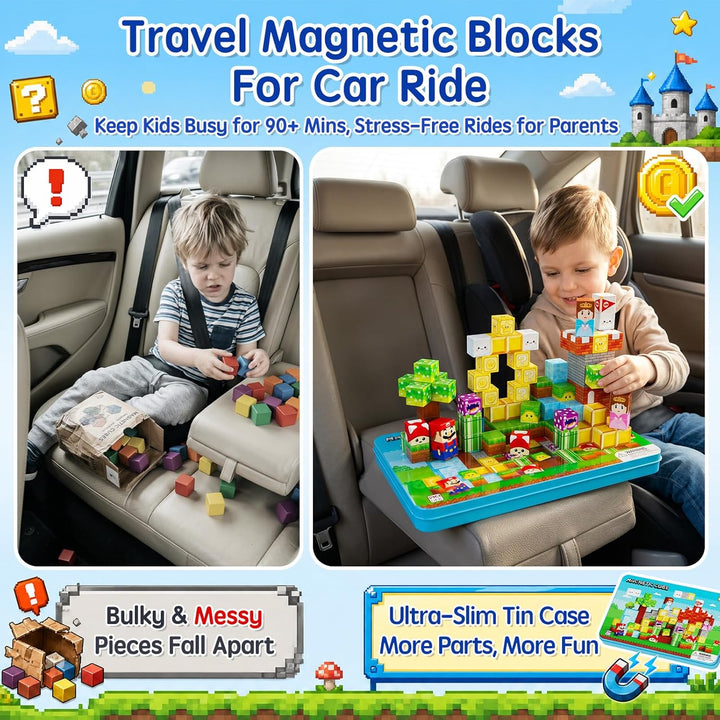 Magnetbausteine für Kinder Reise: 100 Teile Magnetwürfel mit Tragbare Metalldose, Adventurer Rollens
