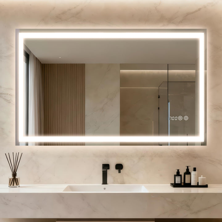 Clevich Badspiegel mit Beleuchtung und Uhr 100×60 cm, LED Spiegel mit 3 Lichtfarben dimmbar, gehärte