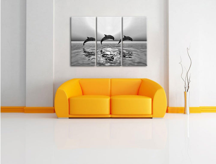 Pixxprint Delfine im Sonnenuntergang als Leinwandbild/Grösse: 3 Teilig (120x80) cm/Wandbild/Kunstdru