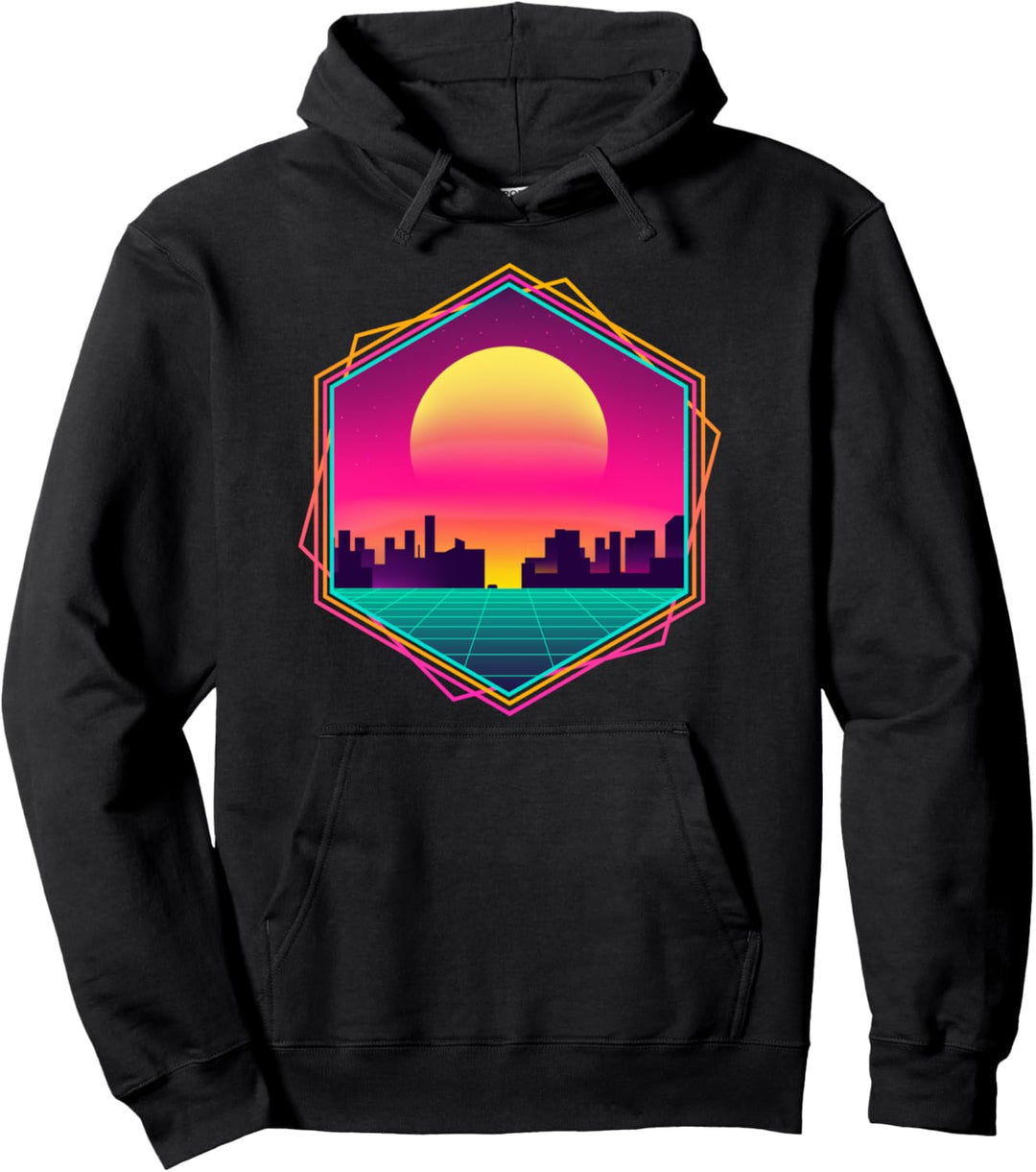 Sonnenuntergang Skyline 80er Retro Synthwave 1990 Vaporwave Pullover Hoodie