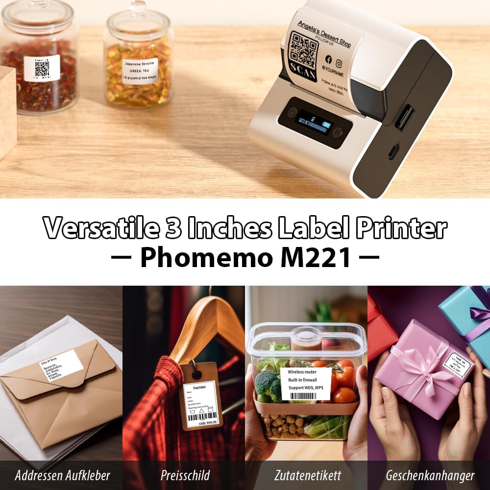 Phomemo M221 Etikettendrucker - Bluetooth Beschriftungsgerät Selbstklebend, Etikettiergerät für Unte