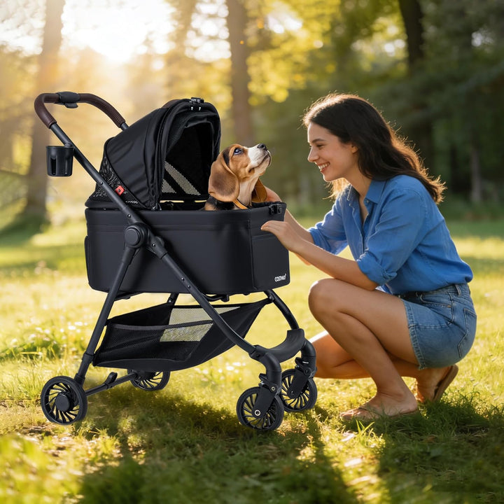 COSTWAY 3 in 1 Hundewagen, Hundebuggy mit verstellbarem Netzdach & Korb & Getränkehalter, Haustiere
