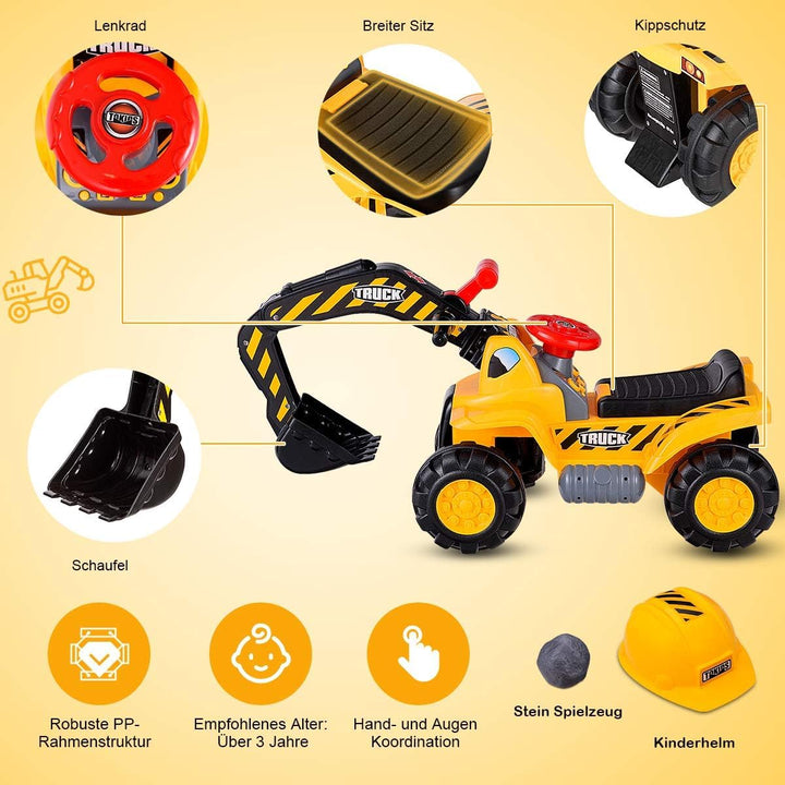 FANTASK Sitzbagger mit eingebautem Ablagefach, Kinderbagger mit Horn, Sandbagger, Rutscher Bagger, S