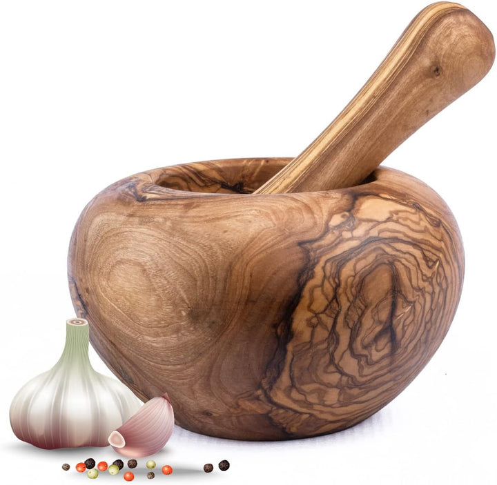 Mörser mit Stössel aus Olivenholz, Kräutermörser, handgefertigt mit Naturrand, Küchenmörser Holzmörs