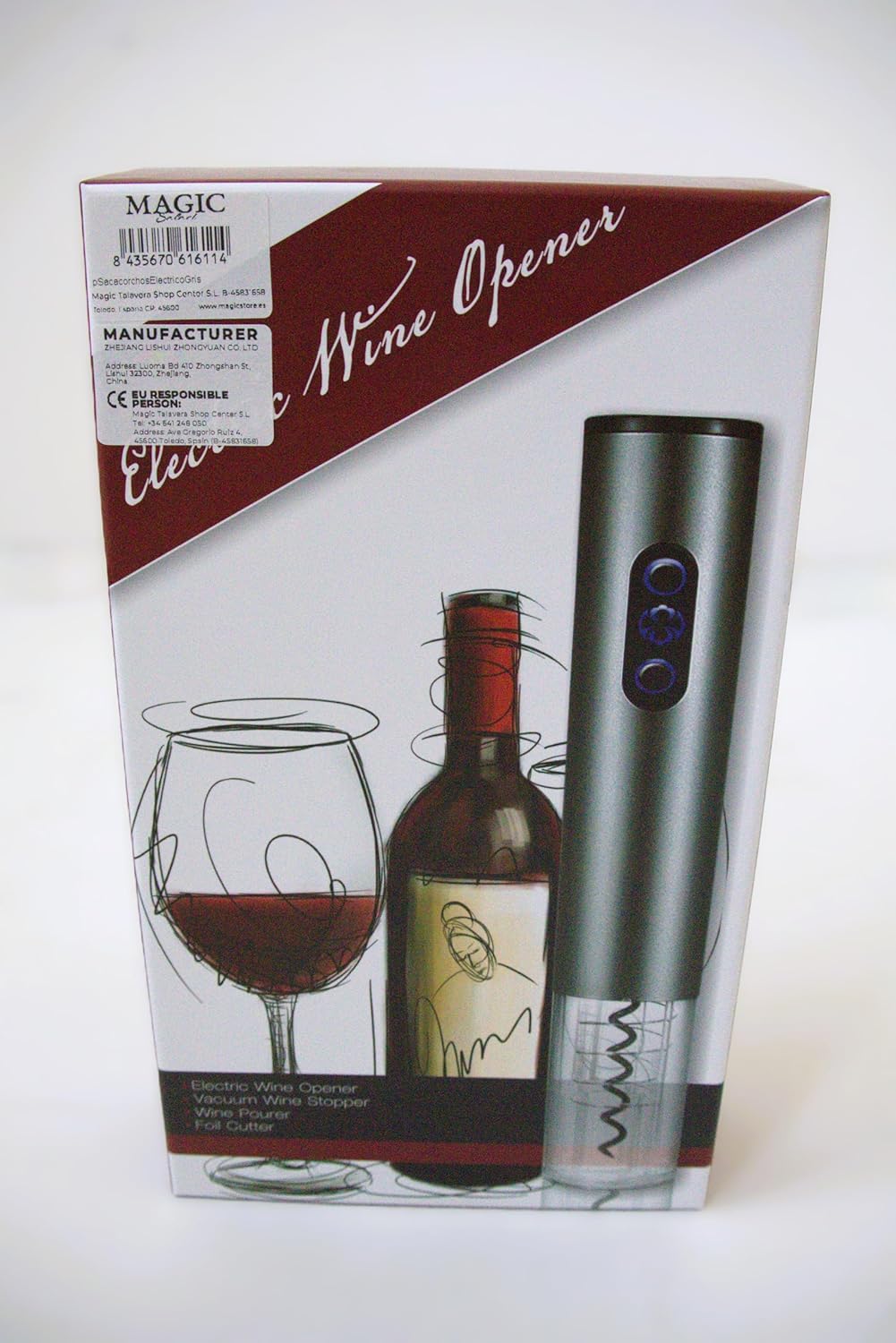 Elektrischer Korkenzieher Wein. Weinöffner mit Folienschneider, Weinausgiesser, Vakuumstopfen. Autom