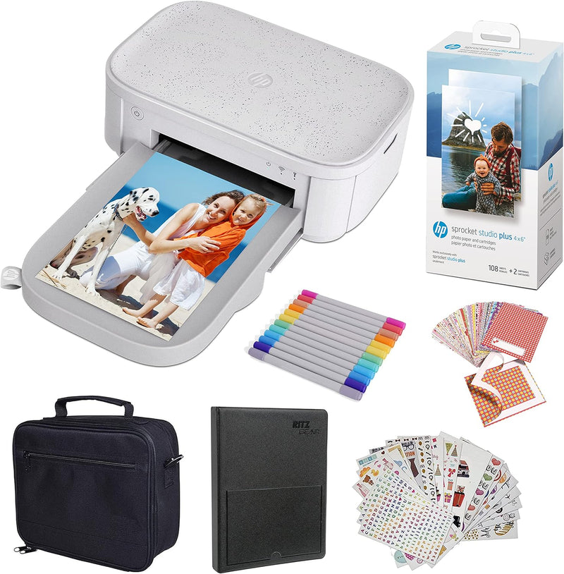 HP Sprocket Studio Plus 4 x 6 Zoll Sofortbilddrucker – Paket: Fotoalbum, Marker, Fotopapier und Aufk