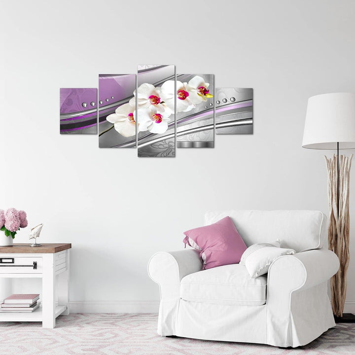 Runa Art Wandbilder Blumen Orchidee 5 Teilig Bild auf Vlies Leinwand Deko Wohnzimmer Perlen Grau Vio