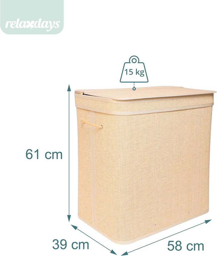 Relaxdays Wäschekorb mit Deckel, Bambus, 130 l, 2 Innenfächer, HxBxT: 61 x 58 x 39 cm, Badezimmer Wä