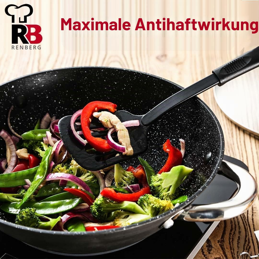 Renberg - Wasabi Wok Gusseiserne Wokpfanne 28cm| Mit Marmorbeschichtung| Mit Glasdeckel| Mit Nylonsp