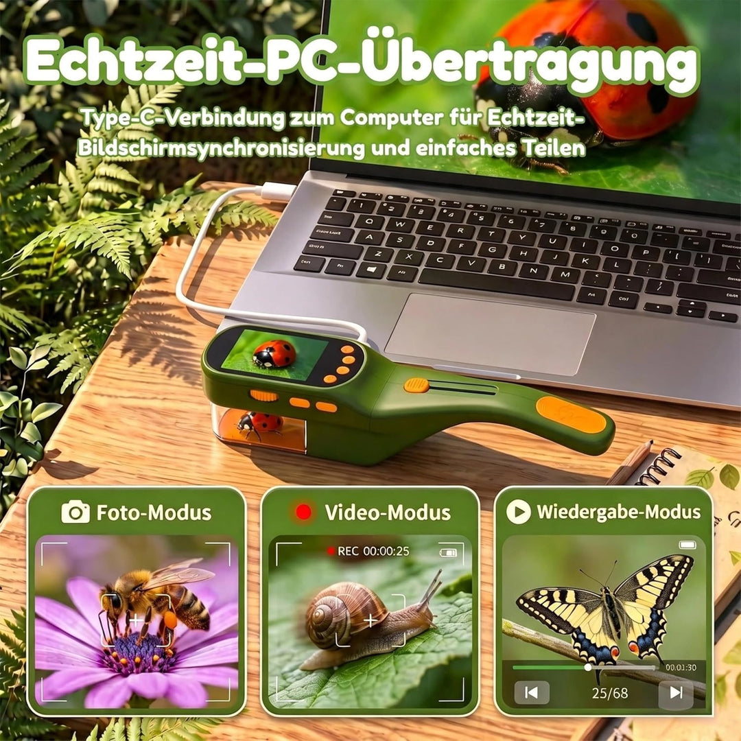 3-in-1 Insektenfänger für Kinder, Mikroskop für Kinder mit 2,4-Zoll-IPS-Display, 500X Vergrösserung