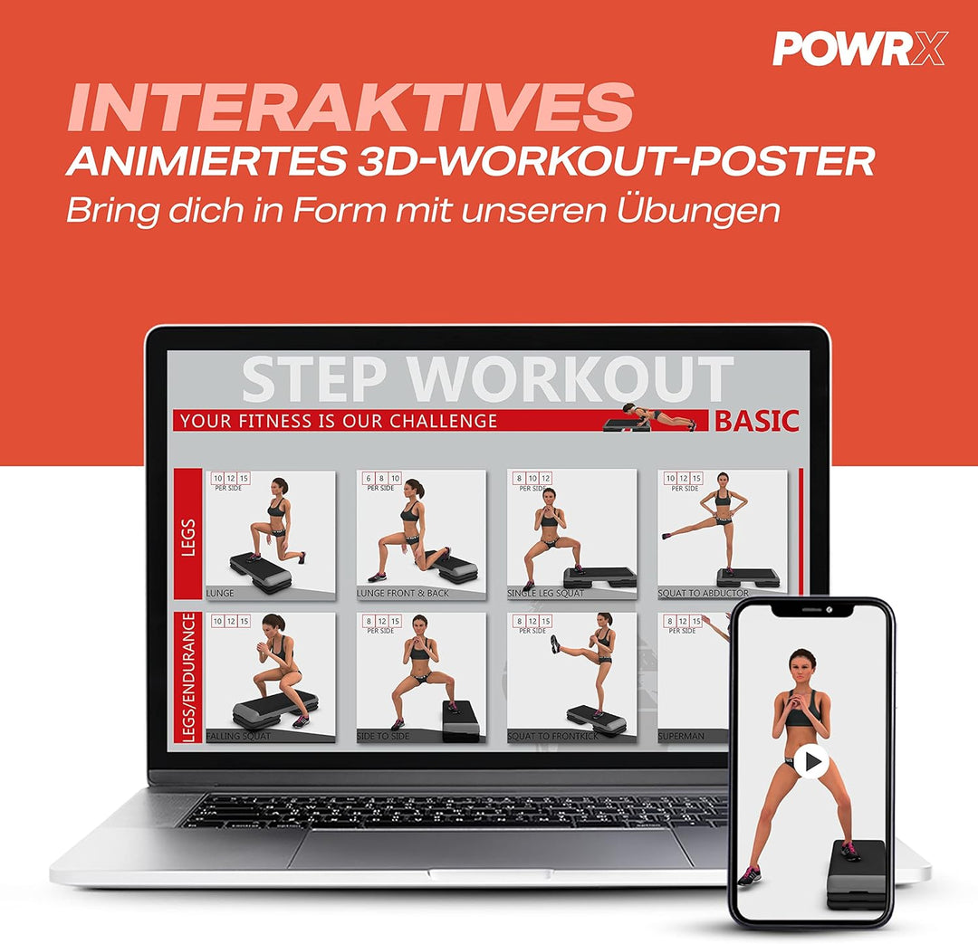 POWRX Aerobic Steppbrett 12/17/24cm (3 Stufen) I Steppbrett für zuhause höhenverstellbar und rutschf
