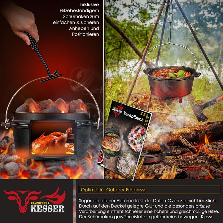 KESSER® Dutch Oven Set BBQ 9 Liter, Feuertopf Schmortopf mit Füssen, Gusseisen Topf mit Deckelheber
