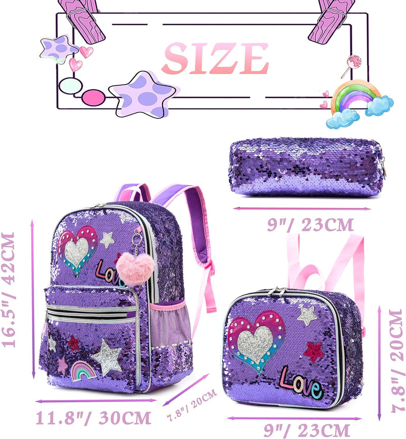 HTgroce Lila Pailletten Schulrucksack Set 3 Teilig, Schultasche ab 3. Klasse, Grundschule Ranzen, Er