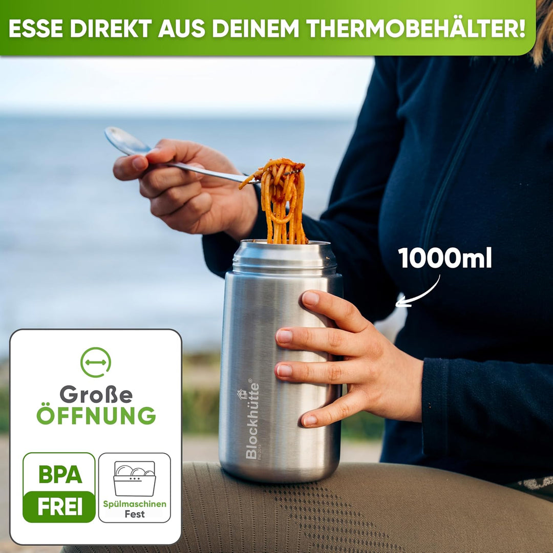 Blockhütte Edelstahl Thermobehälter für Essen I 1L I mit Spork, Bürste, Thermo Lunchbox für Kinder,