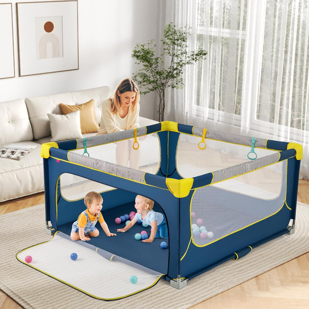 DREAMADE Laufstall Baby Faltbar, 150 x 150 x 76,5 cm Laufgitter mit 50 Ozeanbällen, 4 Haltegriffen &amp;