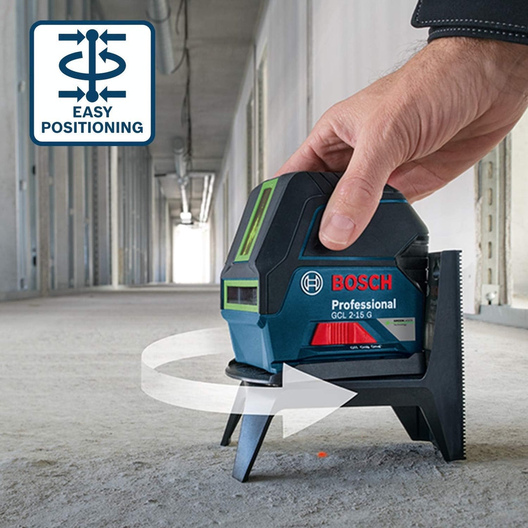 Bosch Professional Kreuzlinienlaser GCL 2-15 G (grüner Laser, Innenbereich, mit Lotpunkten, Arbeitsb