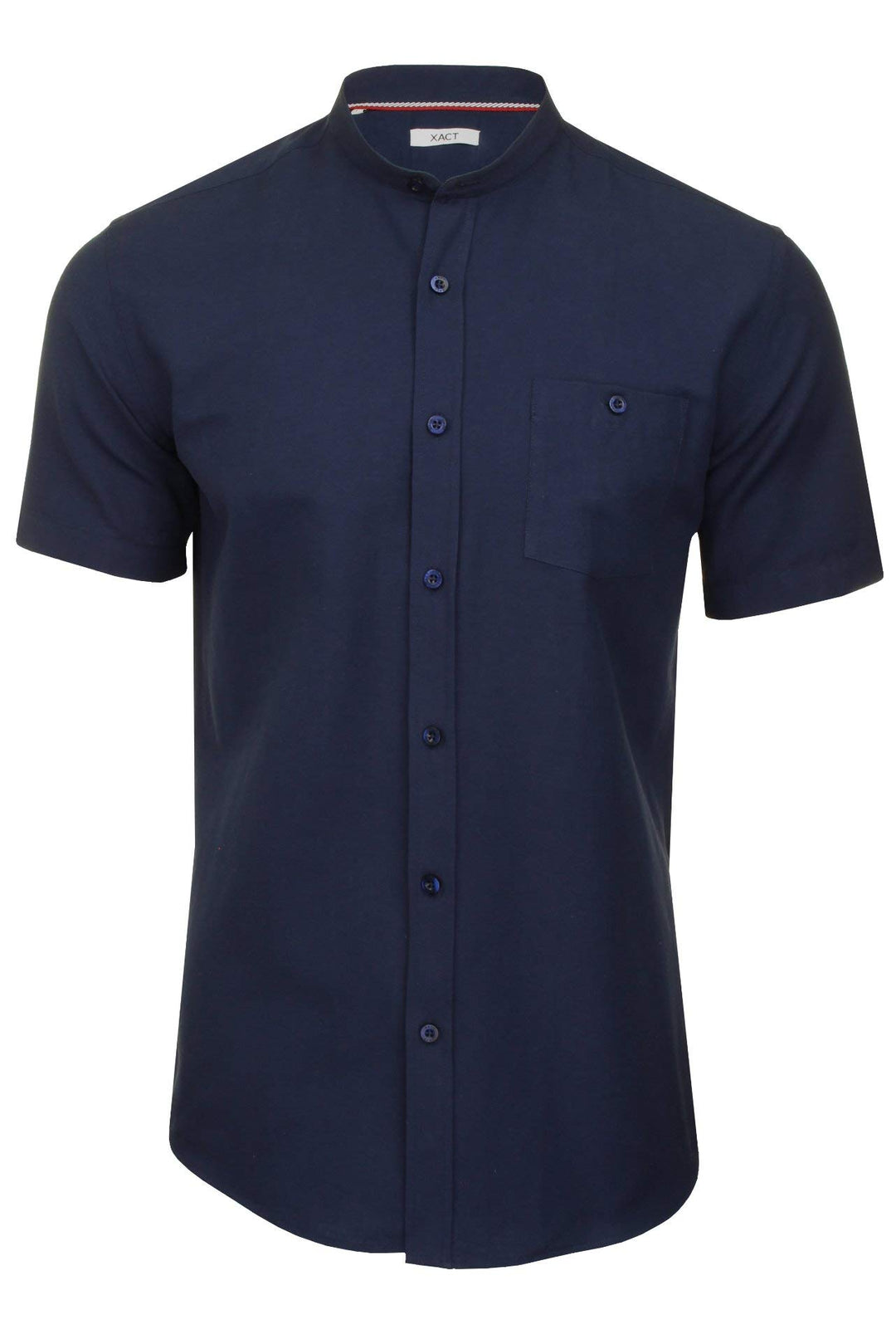 Xact Herren Oxford Grandad-Mandarinkragen Kurzarmhemd M Dark Navy, M Dark Navy
