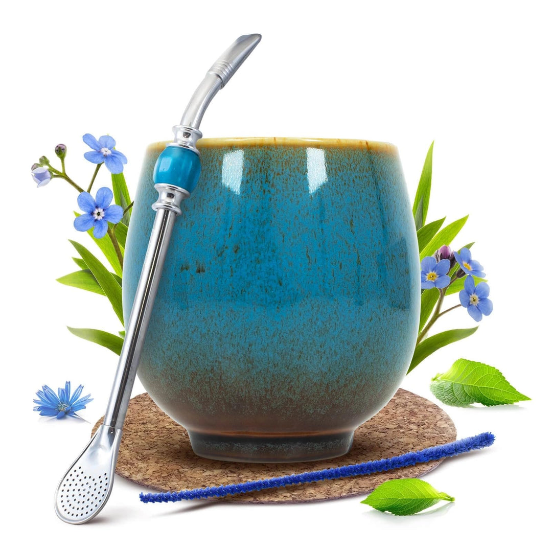 Mate Tee Zubehörset - Keramik-Kalebasse Isla (220 ml), Bombilla, Reiniger, Korkpolster, Mate Tee Kür