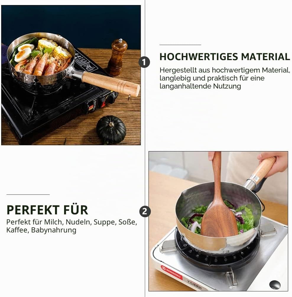 DOITOOL Yukihira-Pfanne aus Edelstahl, traditionell, japanischer Stiel, mit Holzgriff, Milchtopf für