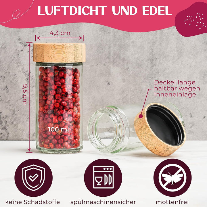 Happy Lemuro Gewürzgläser Rund [24 x 100 ml] 435 Etiketten auf Deutsch | Gewürzbehälter mit Holzdeck