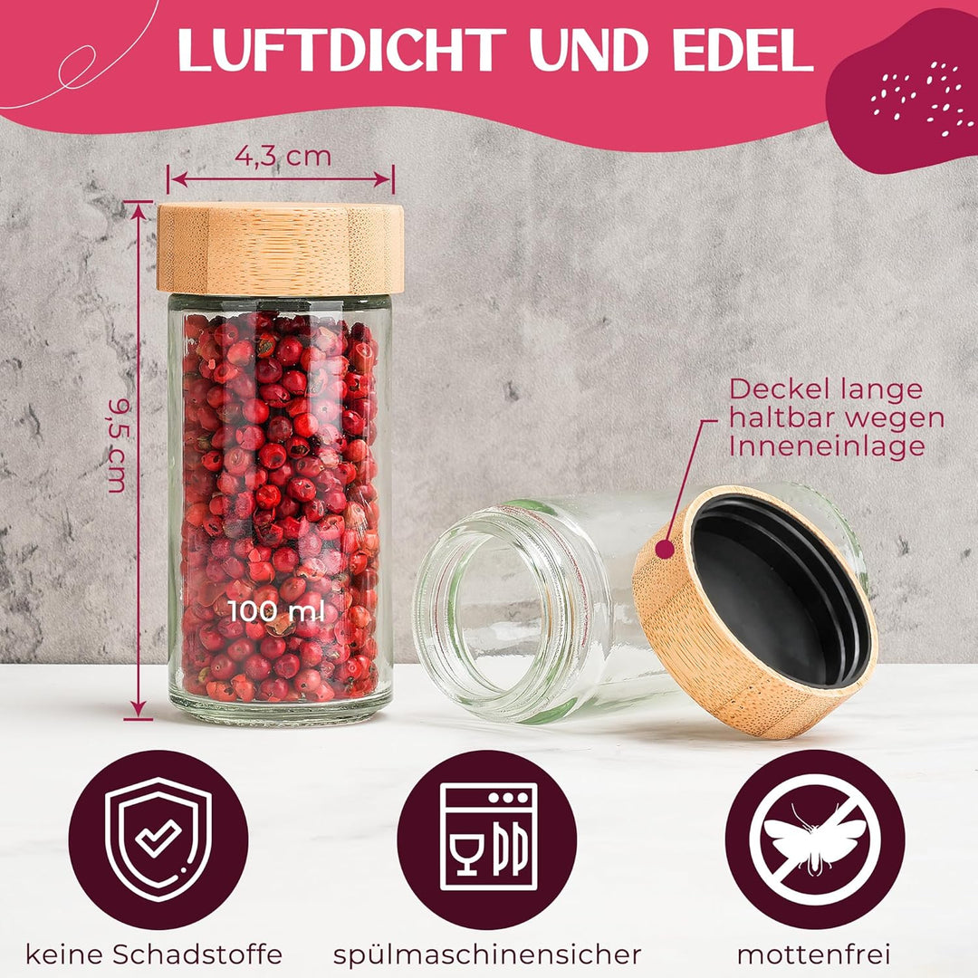 Happy Lemuro Gewürzgläser Rund [24 x 100 ml] 435 Etiketten auf Deutsch | Gewürzbehälter mit Holzdeck