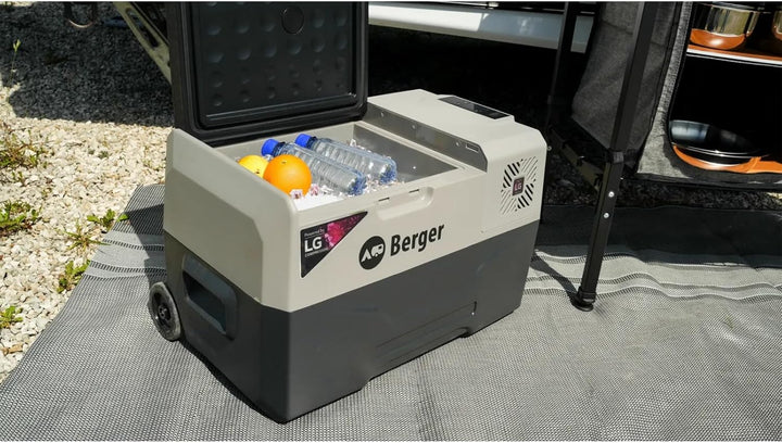 BERGER Kompressor Kühlbox B30-T 29 L │ 12V, 24V, 230V Stecker │ Elektrische Auto Kühlbox mit Rollen