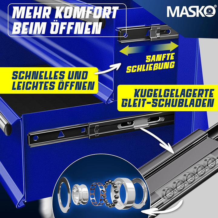 MASKO® Werkstattwagen - 7 Schubladen, blau ? Abschliessbar ? Massives Metall | Werkzeug-Wagen | Prof