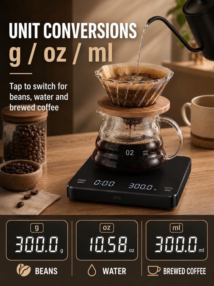 VOBOR Kaffeewaage mit Timer 3kg/0.1g, Automatischen und Manuellen Zeitmessungsmodus, Wiederaufladbar