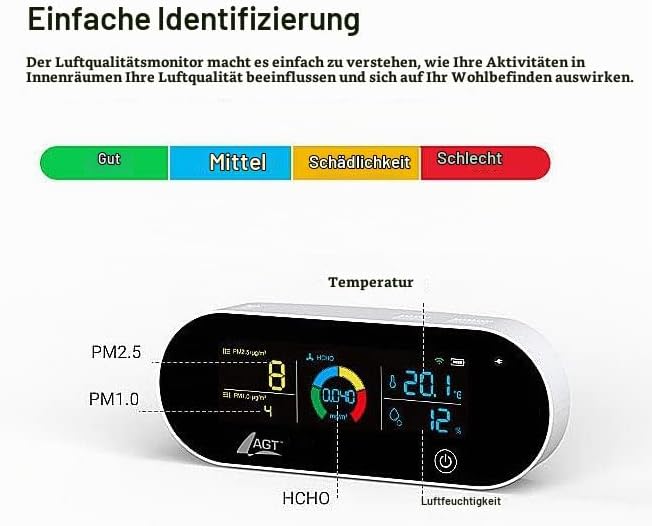 AGT Raumluftmessgerät: 5in1-Akku-Luftqualitätsmesser, HCHO, PM1/2,5, Temperatur u.v.m., App (Partike