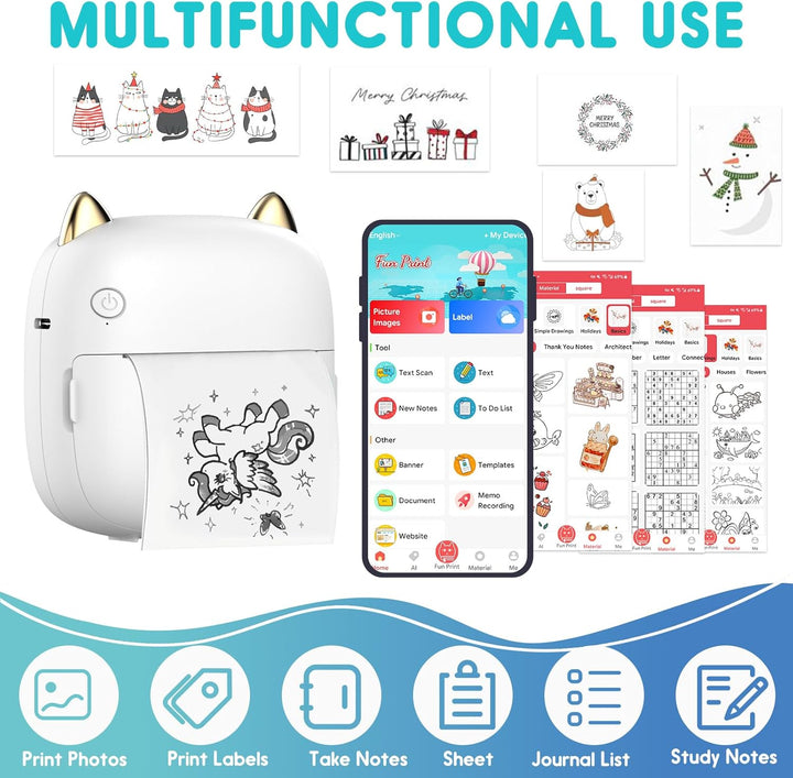 Mini Drucker, Tragbarer Mini Fotodrucker Thermodrucker Smartphone Taschendrucker, Wireless Bluetooth