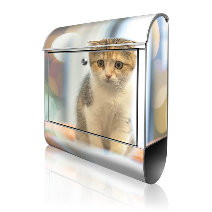 banjado® Design Briefkasten mit Motiv Kleine Katze 39x47x14cm &amp; 2 Schlüssel - Briefkasten Stahl Silb
