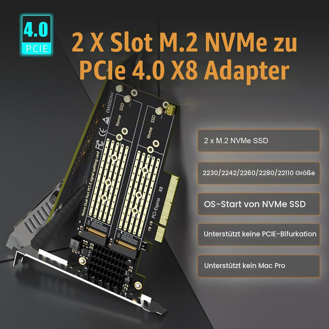 GLOTRENDS PA21 Dual M.2 NVMe zu PCIe 4.0 X8 Adapter ohne PCIe-Verzweigung, Einrichtung von Soft M.2