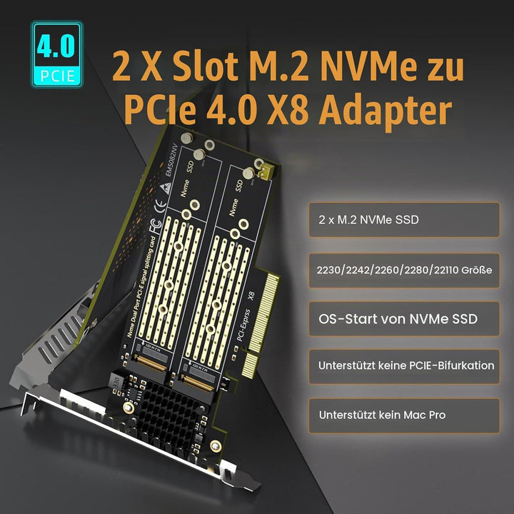 GLOTRENDS PA21 Dual M.2 NVMe zu PCIe 4.0 X8 Adapter ohne PCIe-Verzweigung, Einrichtung von Soft M.2