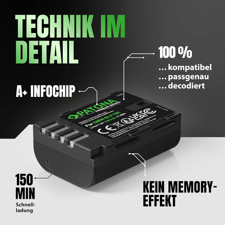 PATONA 2X Premium DMW-BLF19 E Akku 2400mAh Ersatzakku kompatibel mit Panasonic Lumix DC-G9 G9L G9EG