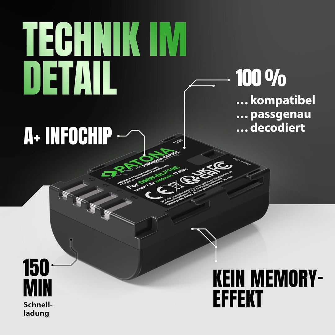 PATONA Premium DMW-BLF19 E Akku 2400mAh Ersatzakku kompatibel mit Panasonic Lumix DC-G9 G9L G9EG G9L