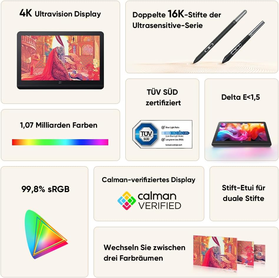 XPPen 4K Grafiktablett mit Display, Artist Pro 19 Gen 2, 18,4 Zoll Grafikmonitor, 16K X3 Pro Stift,