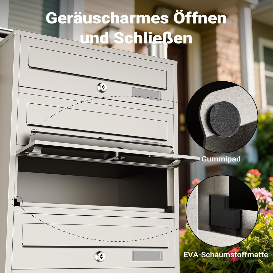 Wiltec 5er Briefkastenanlage Edelstahl 556 x 270 x 1500 mm, Standbriefkasten mit 5 Fächern, Schlüsse