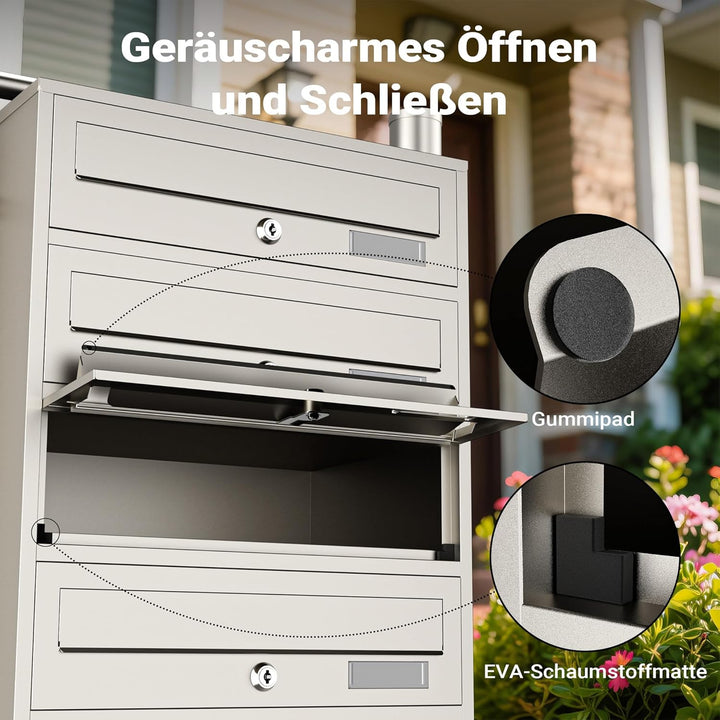 Wiltec 5er Briefkastenanlage Edelstahl 556 x 270 x 1500 mm, Standbriefkasten mit 5 Fächern, Schlüsse