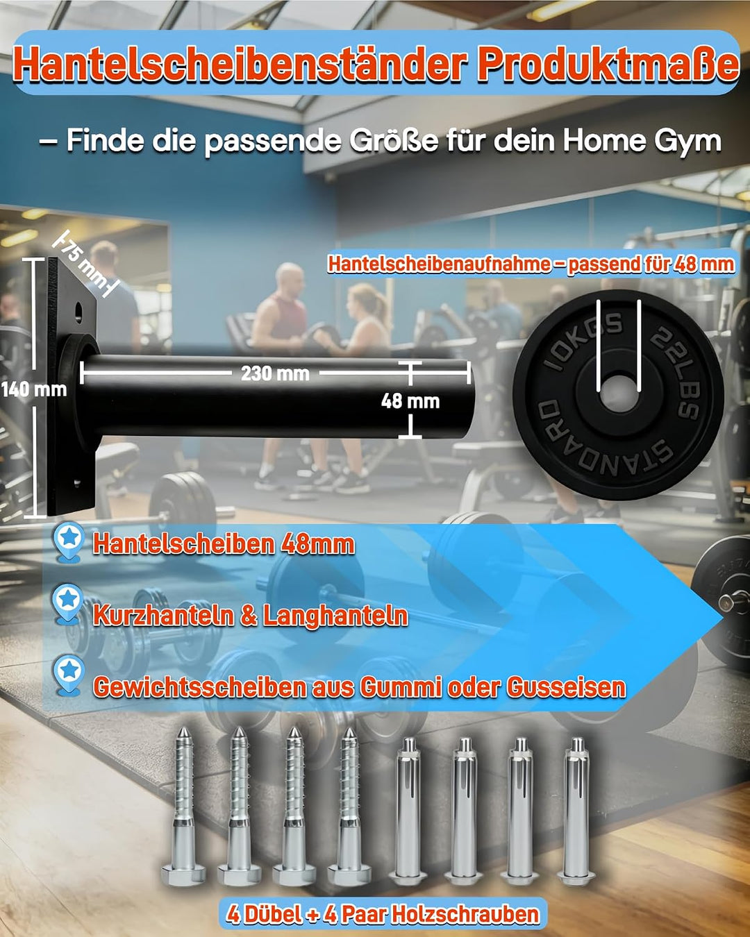 Hantelscheibenständer Wandmontage 2er Set für 50mm Scheiben | Stahlhalterung mit 220kg Tragkraft. Wa