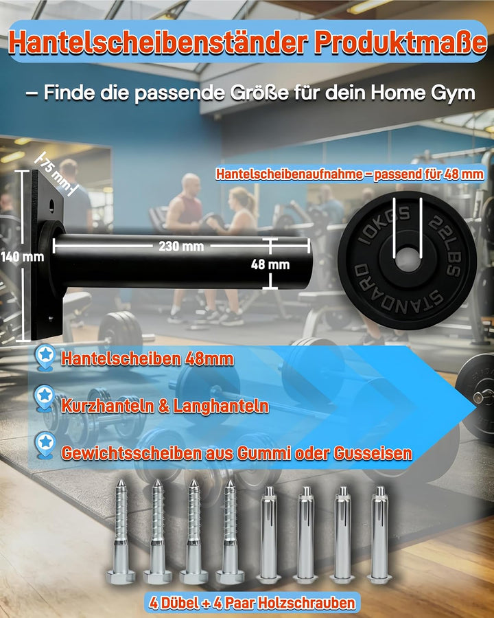 Hantelscheibenständer Wandmontage 2er Set für 50mm Scheiben | Stahlhalterung mit 220kg Tragkraft. Wa