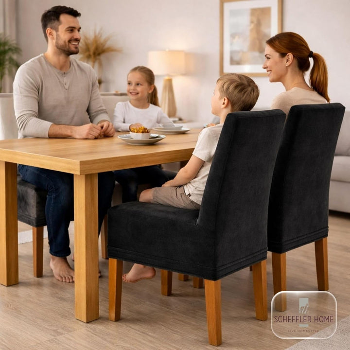 SCHEFFLER-Home Stuhlhussen 6er Set Leon Schwarz/elastische Wildleder Hussen für Stühle/Robustes Frei