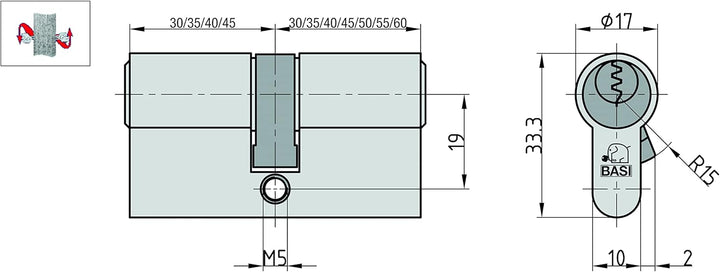 BASI | 2er SET V50 Profil-Doppelzylinder N+G 30/50 mm | Gleichschliessend | mit Not- und Gefahrenfun