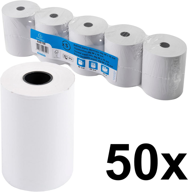 Exacompta 44819E 50er Pack Thermopapierrollen 1-lagig, Breite: 80mm, Länge 70m, Durchmesser Kern: 12