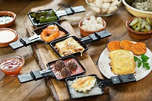 Pfännchen Mini 4 Stücke Antihaftbeschichtet Grill Pfännchen Viereckig Mini Raclette Grill mit 4 Holz