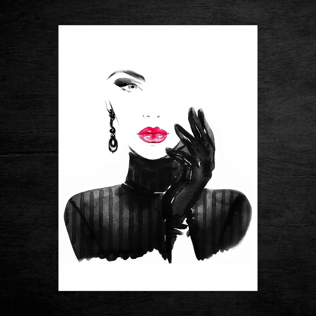 wandmotiv24 Poster als Wanddeko, Grösse 80x60cm, Model Gemälde, Rot, Fashion, Frau, Frauen Lippen, M