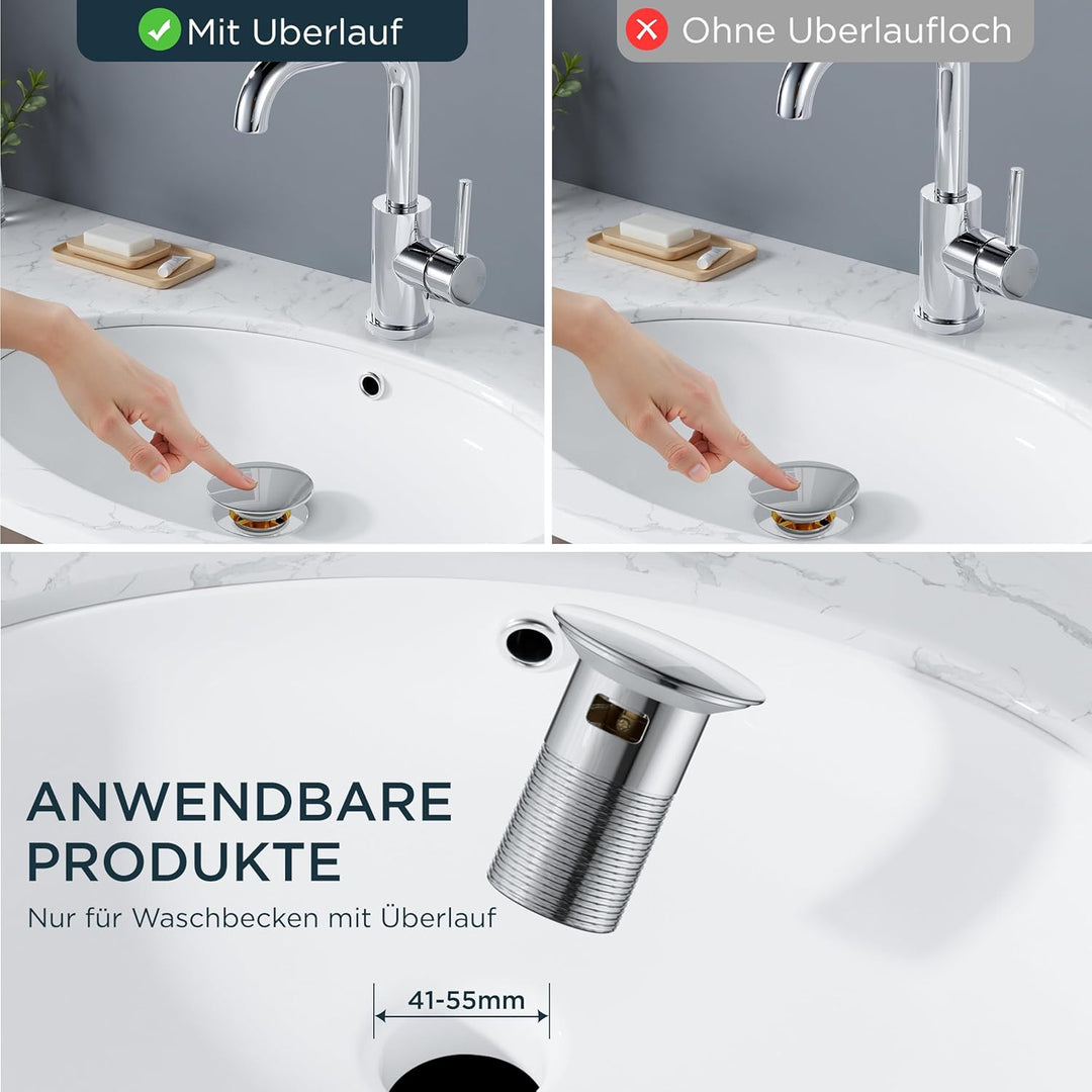 FORIOUS Wasserhahn Bad Hoch mit Ablaufgarnitur，360° Drehbar Edelstahl Waschtischarmatur Hoch mit War
