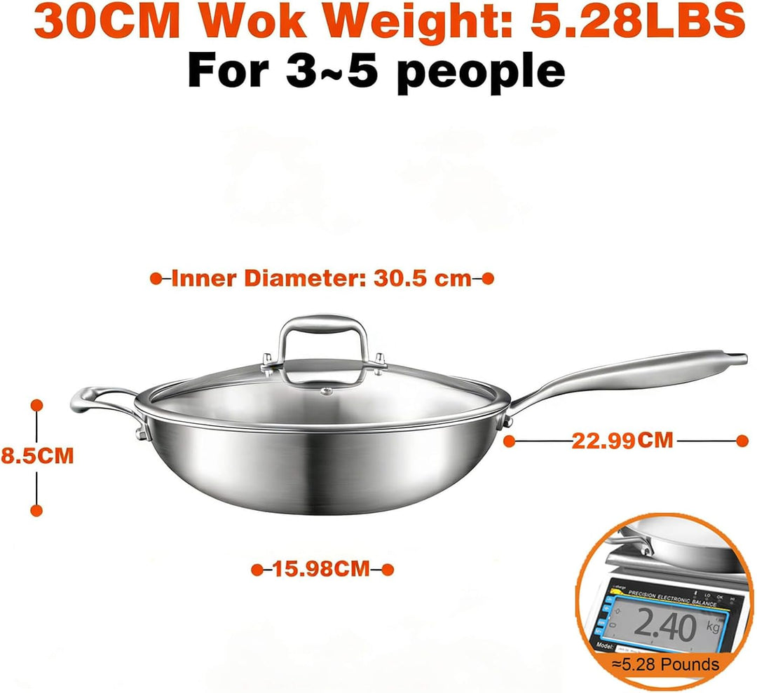 Wokpfanne Unbeschichtet Induktion 30cm: 3-Schichtige Edelstahl Wok,Frei von PFOA,PTFE,mit Deckel und